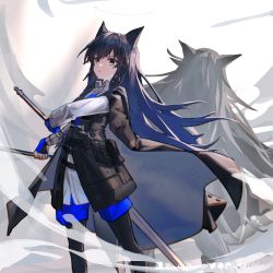Rule 34 | 2girls, animal ears, arknights, black cape, black hair, black pantyhose, black vest, blue gloves, blue hair, blue shorts, cape, closed mouth, collared shirt, dual wielding, feet out of frame, fingerless gloves, gloves, gradient hair, grey hair, highres, holding, holding sword, holding weapon, lappland (arknights), long hair, long sleeves, looking at viewer, multicolored hair, multiple girls, pantyhose, rockyroo, shirt, shorts, standing, sword, texas (arknights), texas the omertosa (arknights), v-shaped eyebrows, very long hair, vest, weapon, white shirt, wolf ears, yellow eyes