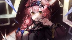 Rule 34 | 1girl, animal ears, arknights, black background, black bow, black collar, black hairband, black jacket, blue bow, bow, braid, breasts, cat ears, cat girl, collar, commentary, floppy ears, goldenglow (arknights), hair between eyes, hair ornament, hairband, hairclip, hand up, highres, jacket, lightning bolt print, long hair, long sleeves, looking at viewer, pink hair, print bow, print hairband, ribiadan, scissors, small breasts, smile, solo, split mouth, upper body, yellow eyes