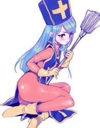 Rule 34 | 1girl, amezawa koma, ankle boots, blue hair, blue hat, blush, bodysuit, boots, closed mouth, dragon quest, dragon quest iii, from side, hat, holding, holding staff, long hair, looking at viewer, looking to the side, mitre, orange bodysuit, priest (dq3), red eyes, simple background, sitting, solo, staff, tabard, white background, yellow footwear, yokozuwari