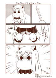 Rule 34 | (o) (o), 10s, 1girl, abyssal ship, comic, commentary request, emphasis lines, highres, horns, kantai collection, long hair, mittens, monochrome, moomin, muppo, northern ocean princess, sazanami konami, solo, tupet, twitter username