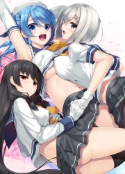 Rule 34 | 10s, 3girls, :d, ass, beret, black hair, black legwear, blue eyes, blue hair, blush, breasts, covered erect nipples, double bun, elbow gloves, girl sandwich, gloves, hair bun, hair ornament, hair over one eye, hairclip, hamakaze (kancolle), hat, holding hands, interlocked fingers, isokaze (kancolle), kantai collection, large breasts, long hair, looking at viewer, multiple girls, nakano sora, navel, open mouth, pantyhose, pleated skirt, red eyes, sandwiched, school uniform, serafuku, short hair, silver hair, skirt, sleeves rolled up, smile, thighhighs, underboob, urakaze (kancolle), white gloves, white hat