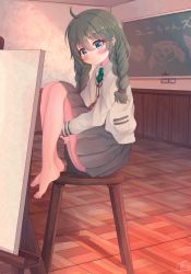 Rule 34 | 1girl, ahoge, barefoot, blue eyes, blush, braid, cardigan, chalkboard, collared shirt, commentary request, easel, green hair, green necktie, highres, indoors, long hair, long skirt, necktie, princess connect!, school uniform, shirt, signature, skirt, solo, stool, teren, toes, translated, twin braids, uniform, white cardigan, white shirt, yuni (princess connect!), yuni (real) (princess connect!)