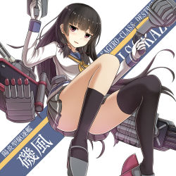 Rule 34 | 10s, 1girl, black hair, from below, gloves, hair ribbon, isokaze (kancolle), kantai collection, long hair, looking at viewer, machinery, open mouth, red eyes, ribbon, solo, torpedo, turret, yakob labo
