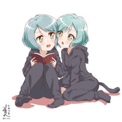 Rule 34 | 2girls, :o, alternate hair length, alternate hairstyle, animal hood, aqua hair, artist name, bang dream!, blush, book, can to cheek, cat hood, cat tail, commentary request, cosplay, far is a, green eyes, highres, hikawa hina, hikawa sayo, holding, holding book, hood, hood down, kigurumi, knees up, long sleeves, looking at another, multiple girls, open book, short hair, siblings, signature, sisters, sitting, tail, twins, twitter username, v-shaped eyebrows, white background