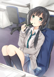 Rule 34 | 10s, 1girl, bad id, bad pixiv id, black hair, blush, chair, chm (macharge), green eyes, kneehighs, long hair, low twintails, necktie, open mouth, pencil, shirobako, sitting, socks, solo, twintails, yasuhara ema