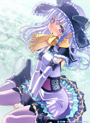 Rule 34 | blush, boots, braid, capelet, copyright notice, detached sleeves, dress, hair ornament, horns, long hair, looking at viewer, open mouth, pantyhose, purple pantyhose, red eyes, sakuya tsuitachi, scarf, silver hair, single braid, sitting, snow, solo, tenka touitsu chronicle, wariza
