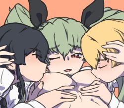 Rule 34 | 3girls, anchovy (girls und panzer), black hair, blonde hair, blush, breast sucking, breasts, carpaccio (girls und panzer), closed eyes, double breast sucking, girls und panzer, grabbing, grabbing another&#039;s breast, green hair, hair ornament, hair ribbon, hand on another&#039;s head, huaronanago, multiple girls, one eye closed, open mouth, orange background, pepperoni (girls und panzer), red eyes, red hair, ribbon, simple background, small breasts, teamwork, yuri