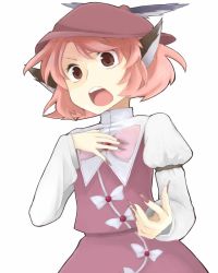 Rule 34 | 1girl, animal ears, annoyed, bad id, bad pixiv id, brown eyes, female focus, fingernails, hand on another&#039;s chest, hand on own chest, hat, kishiro azuhito, long fingernails, mystia lorelei, nail polish, no wings, open mouth, pink hair, short hair, solo, touhou, upper body