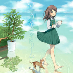 Rule 34 | 1girl, animal, barefoot, blush, buttons, cat, character request, closed mouth, collared shirt, couch, cup, double-breasted, dress, full body, fur, green dress, highres, holding, holding cup, koyubi right, long hair, long sleeves, pinafore dress, plant, pleated dress, pointy ears, potted plant, reflection, shirt, sleeveless, sleeveless dress, smile, soles, solo, teapot, text focus, toes, translation request, vocaloid, walking, walking on liquid, water, whiskers, white shirt, wing collar, yellow eyes
