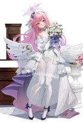 Rule 34 | 1girl, alternate costume, angel wings, black footwear, blue archive, blush, bouquet, breasts, cleavage, closed mouth, dress, feathered wings, flower, full body, garter straps, gloves, halo, high heels, highres, holding, holding bouquet, large breasts, leviathan (hikinito0902), long hair, looking at viewer, low wings, mika (blue archive), multicolored hair, pink hair, pink halo, simple background, smile, solo, standing, thighhighs, very long hair, wedding dress, white background, white dress, white flower, white garter straps, white gloves, white thighhighs, white wings, wings, yellow eyes