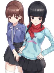 Rule 34 | 10s, 2girls, aqua shirt, black hair, blouse, blue shirt, blunt bangs, bow, braid, breasts, brown eyes, brown hair, casual, commentary request, hair over shoulder, hair tie, hand on own hip, handinhip), holding hands, kantai collection, kfr, kitakami (kancolle), large breasts, locked arms, long hair, looking at another, medium breasts, multiple girls, ooi (kancolle), open mouth, pantyhose, pleated skirt, red scarf, scarf, shirt, sidelocks, skirt, smile, sweater, thighhighs, white background, white legwear