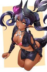 Rule 34 | 1girl, absurdres, agetama, blue nails, breasts, choker, cleavage, collar, dark-skinned female, dark skin, earrings, eyes visible through hair, fangs, highres, horns, jewelry, long hair, looking at viewer, medium breasts, monster hunter (series), nail polish, navel, open mouth, orange eyes, original, piercing, pink lips, pointy ears, purple hair, slit pupils, solo, spiked collar, spikes, tail, teeth, tongue, twintails, two-tone background, upper teeth only, white background, yellow background