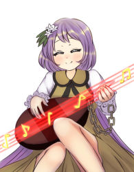 Rule 34 | 1girl, ^ ^, bad id, bad pixiv id, biwa lute, chain, closed eyes, closed eyes, frilled sleeves, frills, instrument, light purple hair, long hair, long sleeves, lute (instrument), music, musical note, playing instrument, puchi (puchiyuyoyo), solo, touhou, tsukumo benben, very long hair