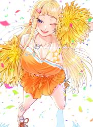 Rule 34 | 1girl, blonde hair, blush, breasts, cheerleader, collarbone, dosanko gal wa namaramenkoi, from above, fuyuki minami, hair ornament, hairclip, highres, ikada kai, jewelry, large breasts, looking at viewer, low twintails, necklace, official art, one eye closed, orange skirt, pom pom (cheerleading), purple eyes, shoes, skirt, smile, sneakers, solo, twintails, white footwear