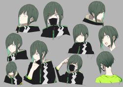 Rule 34 | 1boy, absurdres, closed mouth, cropped torso, eyes visible through hair, green hair, green shirt, grey background, hair over one eye, hand up, highres, light smile, long sleeves, male focus, mask, mouth mask, multiple views, open mouth, original, red eyes, shirt, simple background, tama (tama-s), upper body