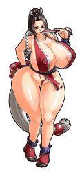 Rule 34 | 1girl, breasts, brown eyes, curvy, fatal fury, gigantic breasts, highres, ponytail, shiny skin, shiranui mai, simple background, tagme, the king of fighters, thong, white background, wide hips, wrato