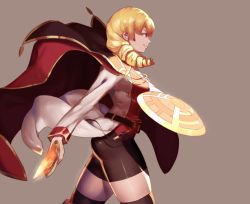 Rule 34 | 1girl, bad id, bad twitter id, bike shorts, blonde hair, boots, cape, drill hair, erika wagner, from side, red eyes, shield, solo, suwaiya, sword, thigh boots, thighhighs, thighs, under night in-birth, under night in-birth exe:late[st], weapon
