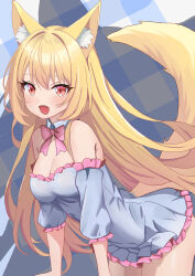 Rule 34 | 1girl, :d, absurdres, animal ear fluff, animal ears, bare shoulders, blonde hair, bow, bowtie, breasts, checkered background, cleavage, collar, cowboy shot, detached collar, detached sleeves, dress, eyelashes, fox ears, fox girl, fox tail, frilled dress, frilled sleeves, frills, from side, grey dress, grey sleeves, hair between eyes, highres, leaning forward, light blush, long hair, looking at viewer, medium breasts, open mouth, original, pink bow, pink bowtie, pink frills, red eyes, shadow, short dress, smile, solo, strapless, strapless dress, tail, tail raised, uma (uma mohumohu), white collar