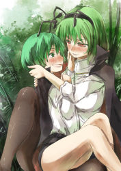 Rule 34 | 2girls, antennae, blouse, blush, breasts, capelet, colored eyelashes, cosplay, eye contact, green background, green eyes, green hair, kazami yuuka, large breasts, looking at another, multiple girls, open mouth, pantyhose, plant, red eyes, shirt, short hair, short shorts, shorts, smile, touhou, white shirt, wriggle nightbug, wriggle nightbug (cosplay), yohane, yuri