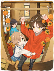 Rule 34 | 3girls, ahoge, blurry, blurry background, brown hair, commentary request, fang, food, fruit, green eyes, highres, indoors, kiya machi, long hair, long sleeves, multiple girls, one eye closed, open mouth, original, overall shorts, overalls, pantyhose, persimmon, red sweater, shirt, short hair, string, sweater, white shirt, yellow eyes