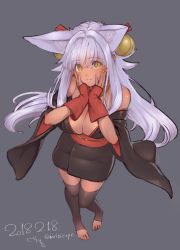 Rule 34 | 1girl, animal ears, arm warmers, bare shoulders, barefoot, bell, black kimono, black thighhighs, blush, breasts, cleavage, dark-skinned female, dark skin, dated, detached sleeves, feet, fox ears, from above, grey background, hair bell, hair ornament, hands on own cheeks, hands on own face, herio, japanese clothes, jingle bell, kimono, large breasts, long hair, long sleeves, looking at viewer, looking up, original, purple eyes, simple background, slit pupils, solo, tareme, thighhighs, toeless legwear, toes, twitter username, very long hair, wide sleeves, yellow eyes, zettai ryouiki