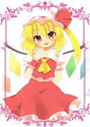 Rule 34 | 1girl, arm behind back, blonde hair, collared shirt, cowboy shot, ellipsis (mitei), fang, finger to mouth, flandre scarlet, frilled shirt collar, frilled skirt, frilled sleeves, frills, hair between eyes, hat, hat ribbon, head tilt, highres, looking at viewer, medium hair, mob cap, multicolored wings, one side up, open mouth, puffy short sleeves, puffy sleeves, red eyes, red ribbon, red skirt, red vest, ribbon, shirt, short sleeves, simple background, skirt, solo, touhou, vest, white background, white hat, white shirt, wings