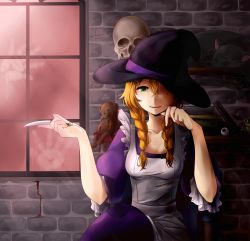 Rule 34 | 1girl, blonde hair, braid, collarbone, eyeball, green eyes, hat, highres, holding, holding knife, huge filesize, knife, looking at viewer, majo no ie, shippa, sidelocks, skull, smile, solo, spoilers, stuffed animal, stuffed toy, teddy bear, twin braids, viola (majo no ie), window, witch, witch hat