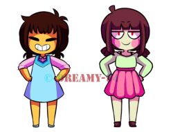 Rule 34 | 2girls, androgynous, animated, animated gif, artist name, blunt bangs, blush stickers, brown eyes, brown hair, chara (undertale), closed eyes, dreamy-94, dress, frisk (undertale), half-closed eyes, hands on own hips, multiple girls, one eye closed, panties, pantyshot, red eyes, short twintails, smile, solo, twintails, undertale, underwear, watermark, wink
