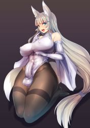 Rule 34 | 1girl, :d, animal ear fluff, animal ears, aqua eyes, bare shoulders, black pantyhose, blunt bangs, breasts, bulge, covered erect nipples, covered testicles, elbow gloves, erection, erection under clothes, fox ears, fox girl, fox tail, full body, futanari, gloves, hair ornament, highleg, highleg leotard, highres, impossible clothes, impossible leotard, large breasts, leotard, long hair, looking at viewer, low-tied long hair, open mouth, original, pantyhose, penis, silver hair, smile, solo, tail, testicles, ubanis, very long hair