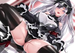 Rule 34 | 1girl, azur lane, black footwear, black gloves, black panties, black ribbon, boots, breasts, breasts apart, commentary request, cross, dutch angle, elbe (azur lane), fang, gloves, hair ribbon, hat, high heel boots, high heels, highres, iron cross, keishi surota, large breasts, legs apart, long hair, long sleeves, looking at viewer, military hat, open mouth, panties, peaked cap, purple eyes, reflection, reflective floor, ribbon, sidelocks, silver hair, skin fang, smile, solo, squatting, swept bangs, thigh boots, thighhighs, thighs, tiles, two side up, underwear, very long hair