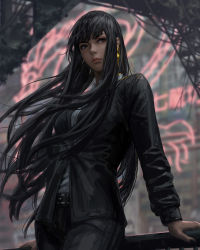 Rule 34 | 1girl, absurdres, arm support, black hair, black jacket, black nails, black pants, blurry, blurry background, breasts, collared shirt, day, depth of field, earrings, formal, glowing, grey eyes, grey shirt, guweiz, highres, jacket, jewelry, long hair, medium breasts, nail polish, neon lights, original, outdoors, pants, revision, shirt, solo, suit, very long hair