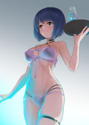 Rule 34 | 1girl, absurdres, alice gear aegis, bikini, black bikini, blue hair, closed mouth, collar, commentary, commentary request, cup, drinking glass, highres, holding, matoba aoi, smile, solo, swimsuit, tray, unpasu, yellow eyes