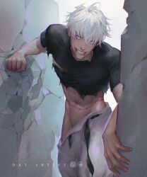 Rule 34 | 1boy, abs, artist name, artistdkt, black shirt, blood, blood from mouth, blood on face, blue eyes, clothes pull, commentary, english commentary, extra eyes, gojou satoru, highres, jujutsu kaisen, male focus, navel, pants, pants pull, shirt, short hair, smile, solo, teeth, toned, toned male, torn clothes, torn shirt, white hair, white pants