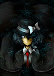 Rule 34 | 1girl, am24, bad id, bad pixiv id, black background, black hair, black theme, blue eyes, bow, collared shirt, dress shirt, fedora, glowing, glowing eye, hat, hat bow, hebrew text, highres, looking at viewer, magical astronomy, necktie, red necktie, ribbon, sefirot, shirt, simple background, smile, solo, touhou, usami renko, white eyes