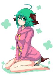Rule 34 | 1girl, adapted costume, ahoge, alternate costume, animal ears, bad id, bad twitter id, barefoot, blush, full body, green eyes, green hair, highres, hitotsuki nebura, kasodani kyouko, long sleeves, looking at viewer, one-hour drawing challenge, shirt, short hair, shorts, sitting, smile, solo, tail, touhou, white background