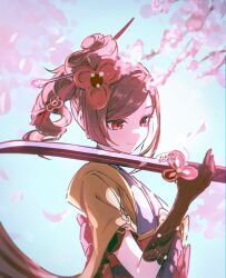 Rule 34 | 1girl, absurdres, black gloves, blue sky, branch, brown hair, cherry blossoms, chiori (genshin impact), clear sky, closed mouth, day, detached sleeves, drill hair, drill ponytail, elbow gloves, genshin impact, gloves, grey kimono, hair ornament, hair stick, hand up, highres, holding, holding sword, holding weapon, japanese clothes, kimono, long hair, long sleeves, looking down, midorinokaibutu4500, obi, outdoors, red eyes, sash, short sword, side ponytail, sidelocks, sky, smile, solo, swept bangs, sword, twitter username, upper body, weapon, yellow sleeves