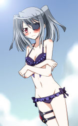 Rule 34 | 10s, 1girl, asaeda itsuki, bikini, blush, bow, cloud, day, eyepatch, highres, holster, infinite stratos, laura bodewig, navel, red eyes, silver hair, sky, solo, swimsuit, tears, twintails