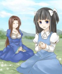 Rule 34 | 2girls, aged down, aya drevis, black hair, blue dress, blue eyes, blunt bangs, blush, bow, breasts, brown hair, cleavage, closed eyes, cloud, collarbone, collared shirt, day, dress, flower, grass, hair bow, hair ornament, holding, jewelry, long hair, mad father, medium breasts, monika drevis, mother and daughter, mountain, mouse (animal), multiple girls, nature, necklace, open mouth, parted bangs, sakurage11, shirt, sidelocks, sitting, sky, smile, tree