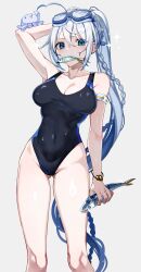 Rule 34 | 1girl, ahoge, alternate costume, alternate hair color, alternate hairstyle, animal, animal on arm, arm behind head, arm up, armlet, black one-piece swimsuit, blue eyes, blue hair, braid, breasts, cleavage, commentary request, competition swimsuit, covered navel, cross-shaped pupils, diving mask, diving mask on head, fang, feet out of frame, fish, fish in mouth, gluteal fold, goggles, goggles on head, grey background, highleg, highleg swimsuit, highres, holding, holding animal, holding fish, kizuna akari, large breasts, long hair, looking at viewer, mouth hold, multicolored hair, octopus, one-piece swimsuit, ponytail, simple background, single braid, skin fang, solo, sparkle, standing, swimsuit, symbol-shaped pupils, thigh gap, thighs, two-tone hair, v-shaped eyebrows, very long hair, voiceroid, wet, white hair, yodare (3yami8)