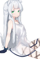 Rule 34 | 1girl, animal ear fluff, animal ears, arknights, bare shoulders, black gloves, breasts, cat ears, cat tail, dress, expressionless, eyelashes, gloves, green eyes, highres, long hair, looking at viewer, rosmontis (arknights), signal 1120, simple background, sitting, sleeveless, sleeveless dress, small breasts, solo, tail, thigh strap, white background, white dress, white hair