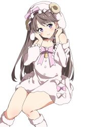 Rule 34 | 1girl, blush, bow, brown hair, choker, closed mouth, collarbone, commentary, cotton=utopia (love live!), djpwjd1, dress, dress bow, dress ribbon, feet out of frame, fujishima megumi, hands up, hat, head tilt, highres, horned hat, horns, invisible chair, link! like! love live!, long hair, looking at viewer, love live!, off-shoulder dress, off shoulder, pink bow, pink ribbon, purple eyes, ribbon, sheep horns, short dress, simple background, sitting, smile, solo, virtual youtuber, white background, white bow, white choker, white dress, white hat