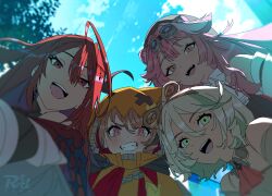 4girls ahoge animal_ear_fluff animal_ears cecilia_immergreen colored_inner_hair elizabeth_rose_bloodflame gigi_murin green_eyes grey_hair holojustice hololive hololive_english huge_ahoge long_hair looking_at_viewer looking_down multicolored_hair multiple_girls open_mouth panther_ears panther_girl pink_hair pov r3dfive raora_panthera red_eyes red_hair short_hair smile streaked_hair virtual_youtuber