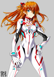 Rule 34 | 1girl, blue eyes, bodysuit, breasts, check commentary, closed mouth, commentary, commentary request, evangelion: 3.0+1.0 thrice upon a time, eyepatch, floating hair, gluteal fold, grey background, hair between eyes, hands on own thighs, highres, interface headset, legs apart, long hair, looking at viewer, neon genesis evangelion, orange hair, plugsuit, rebuild of evangelion, signature, simple background, skin tight, small breasts, solo, souryuu asuka langley, standing, two side up, white bodysuit, yamayoshi