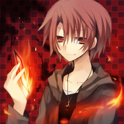 Rule 34 | 1boy, brown hair, fire, hanepochi, jewelry, magic, male focus, original, red eyes, short hair, smile, solo