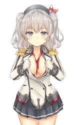 Rule 34 | 10s, 1girl, azuhira, beret, between breasts, blue eyes, breasts, cleavage, cowboy shot, double-breasted, epaulettes, frilled sleeves, frills, gloves, grey eyes, grey skirt, hat, highres, kantai collection, kashima (kancolle), kerchief, looking at viewer, military, military uniform, miniskirt, no bra, pleated skirt, silver hair, simple background, skirt, smile, solo, standing, twintails, twitter username, uniform, wavy hair, white background, white gloves