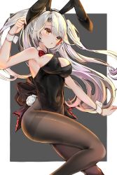 Rule 34 | 1girl, absurdres, animal ears, antenna hair, armpits, azur lane, bare shoulders, black pantyhose, blush, breasts, detached collar, fake animal ears, highres, large breasts, leotard, long hair, looking at viewer, multicolored hair, open mouth, pantyhose, playboy bunny, prinz eugen (azur lane), rabbit ears, rabbit tail, red hair, silver hair, solo, streaked hair, tail, thighs, two side up, very long hair, yukineko1018