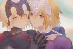 Rule 34 | 2girls, black dress, black gloves, blonde hair, blue eyes, closed mouth, dark persona, dress, dual persona, fate/apocrypha, fate/grand order, fate (series), gloves, gorget, grey gloves, hair between eyes, headpiece, holding hands, interlocked fingers, jeanne d&#039;arc (fate), jeanne d&#039;arc (ruler) (fate), jeanne d&#039;arc alter (avenger) (fate), jeanne d&#039;arc alter (fate), kibadori rue, long hair, looking at another, multiple girls, purple dress, short hair, torn clothes, yellow eyes