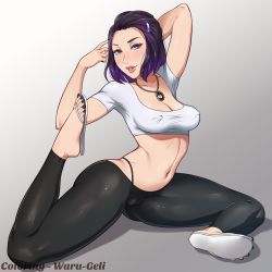 Rule 34 | 1girl, absurdres, arm behind head, black hair, black leggings, blue eyes, blush, breasts, cameltoe, cleavage, cleft of venus, collarbone, colorized, covered erect nipples, full body, gradient hair, grey background, hair ornament, hair slicked back, hairclip, highres, jewelry, leggings, lips, lm (legoman), looking at viewer, medium breasts, midriff, multicolored hair, nail polish, navel, necklace, original, parted lips, purple hair, sally anne hayes, sandals, shiny clothes, short hair, short sleeves, simple background, smile, soles, solo, spread legs, thong, waru-geli