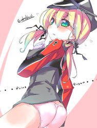 Rule 34 | 10s, 1girl, akebi (akebiaoi), anchor hair ornament, ass, blonde hair, blush, character name, flying sweatdrops, green eyes, hair ornament, hat, kantai collection, looking back, military, military uniform, panties, pink panties, prinz eugen (kancolle), solo, twintails, twitter username, underwear, uniform