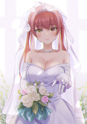 Rule 34 | 1girl, absurdres, bare shoulders, bead necklace, beads, blush, bouquet, breasts, bridal veil, cleavage, closed mouth, collarbone, commentary request, crying, crying with eyes open, dress, elbow gloves, flower, gloves, heterochromia, highres, holding, holding bouquet, hololive, houshou marine, jewelry, large breasts, long hair, necklace, ootsuka you, purple flower, red eyes, red hair, ring, rose, smile, solo, tears, twintails, veil, virtual youtuber, wedding dress, white dress, white flower, white gloves, white rose, yellow eyes